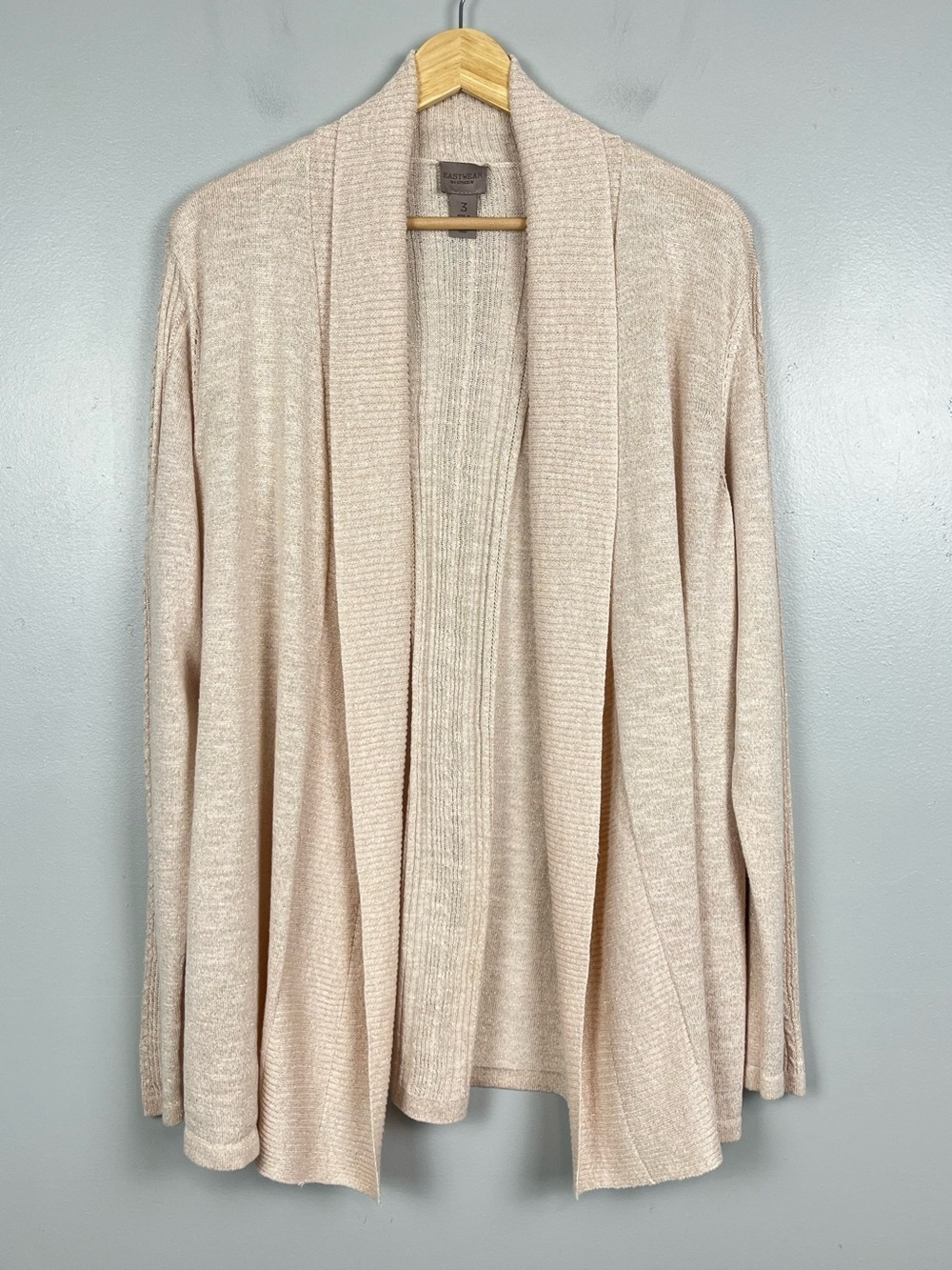 Chico’s Easywear peachy pink and metallic thread shawl collar cardigan, XL.